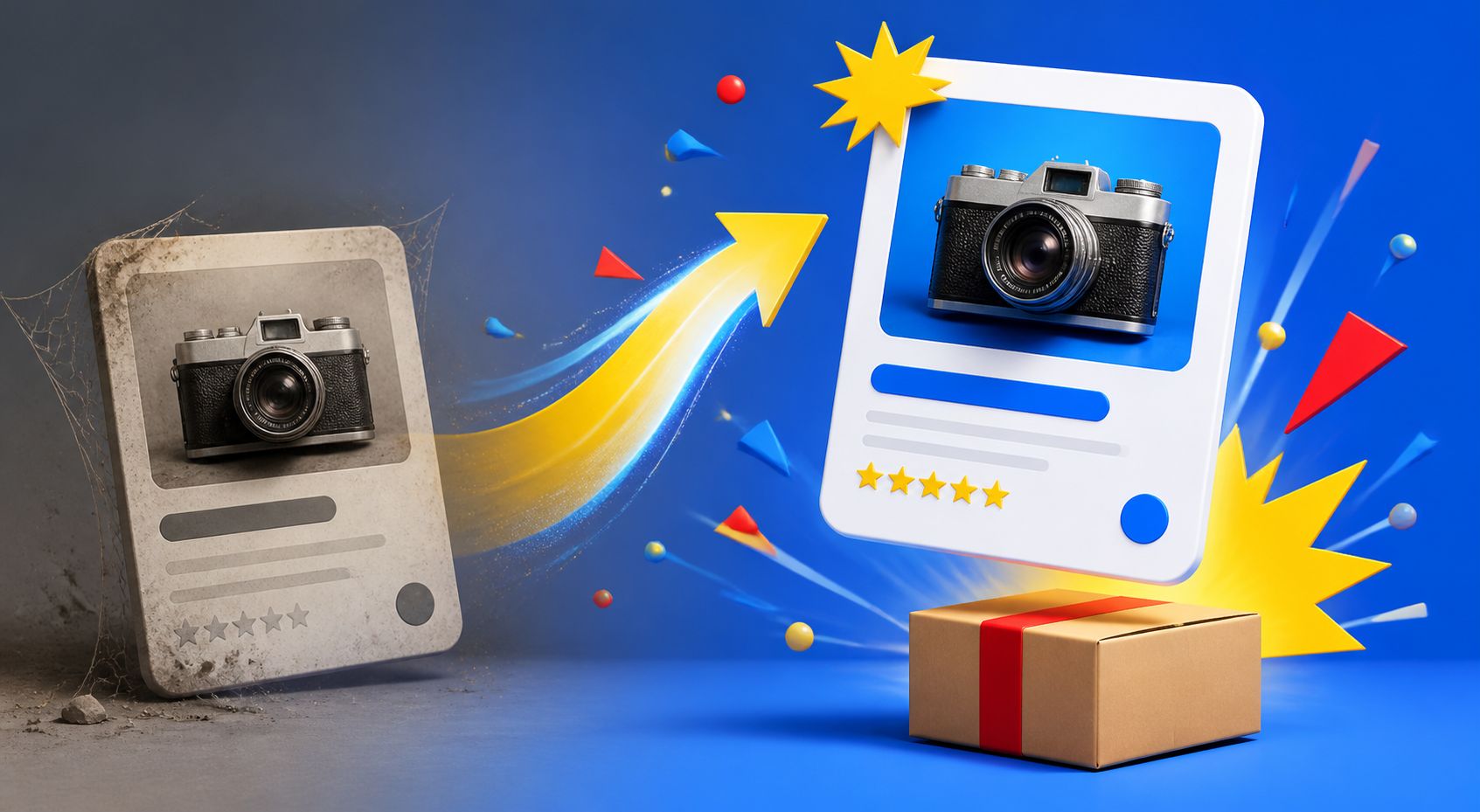 A colorful marketplace listing card transforming from faded to fresh beside a shipping package