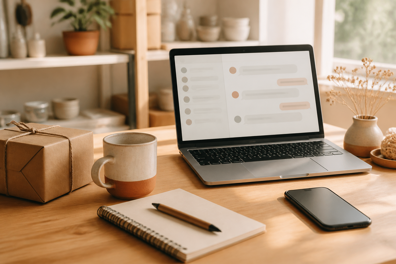 A calm maker workspace with a laptop, parcel, notebook, and phone, representing customer-message management during business hours