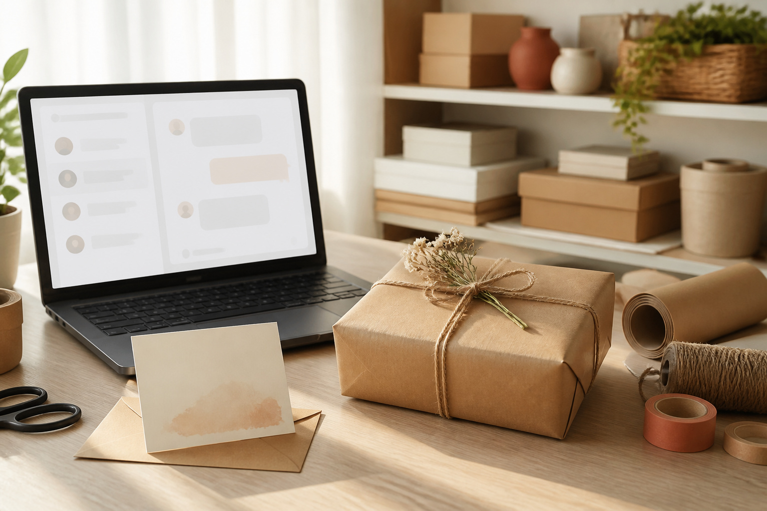 A neatly wrapped handmade order, thank-you card, and laptop showing a generic message conversation in a warm maker workspace