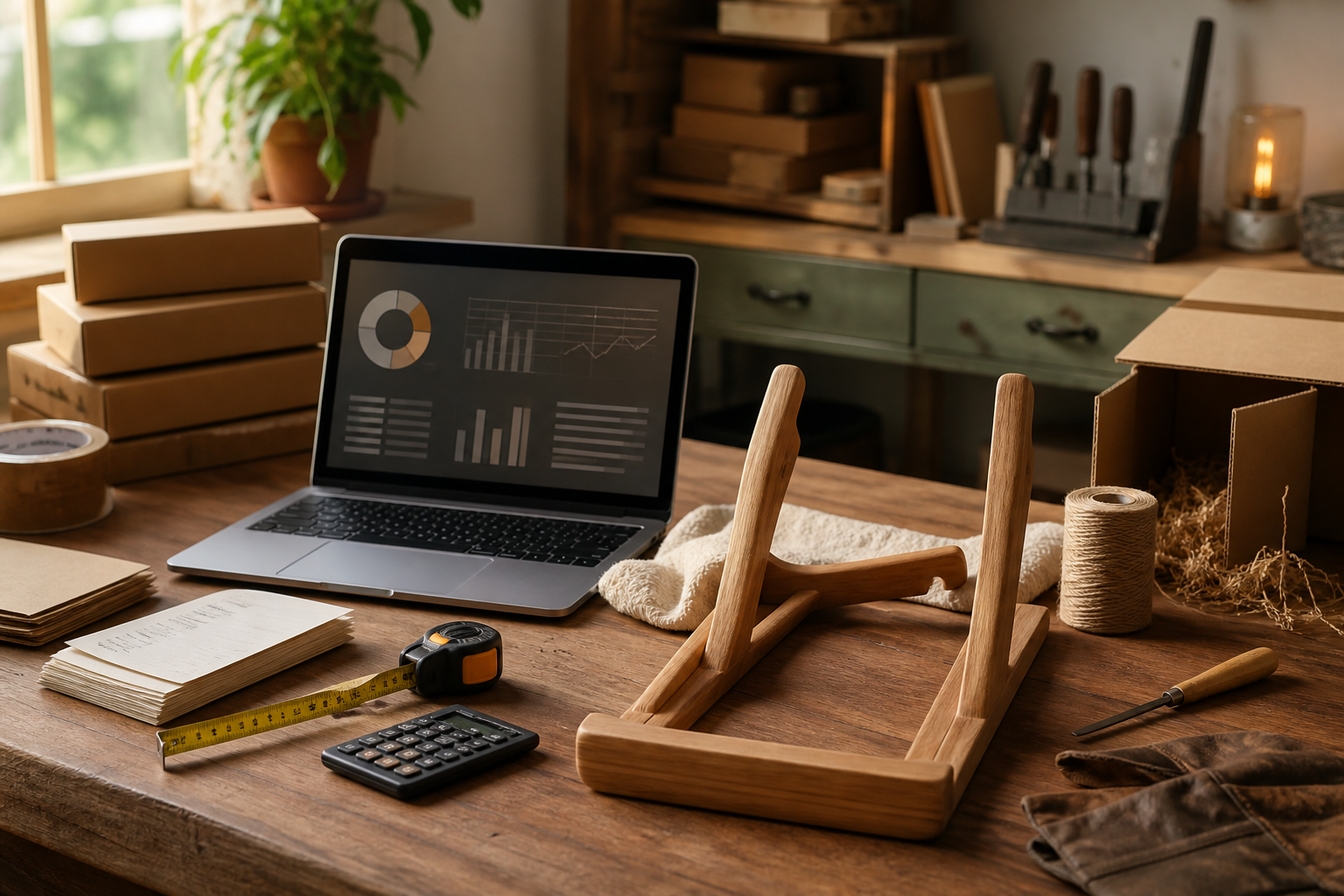 A maker workbench with a handmade wood item, packaging supplies, measuring tape, receipts, and a generic profitability dashboard