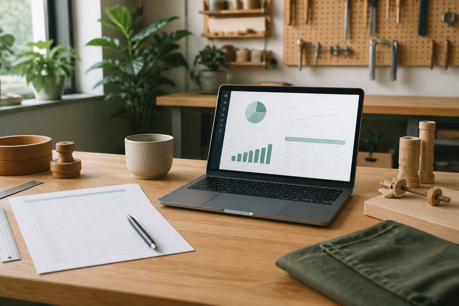 A maker workspace with a paper spreadsheet, a generic product-cost dashboard on a laptop, and handmade components