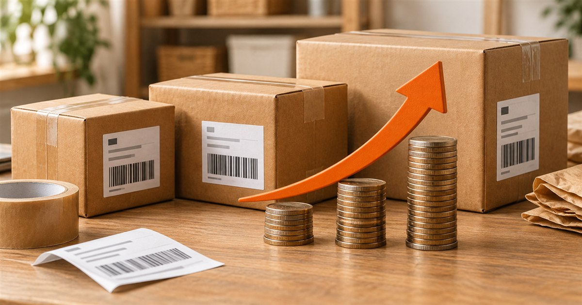 Shipping parcels beside increasingly tall stacks of coins and an orange upward arrow representing rising postage costs
