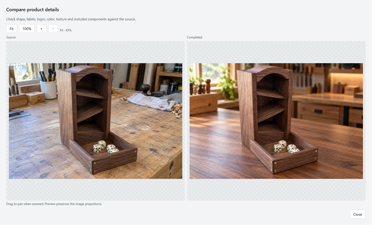 Maker Forge Listing Studio comparing a source product photo with a completed image