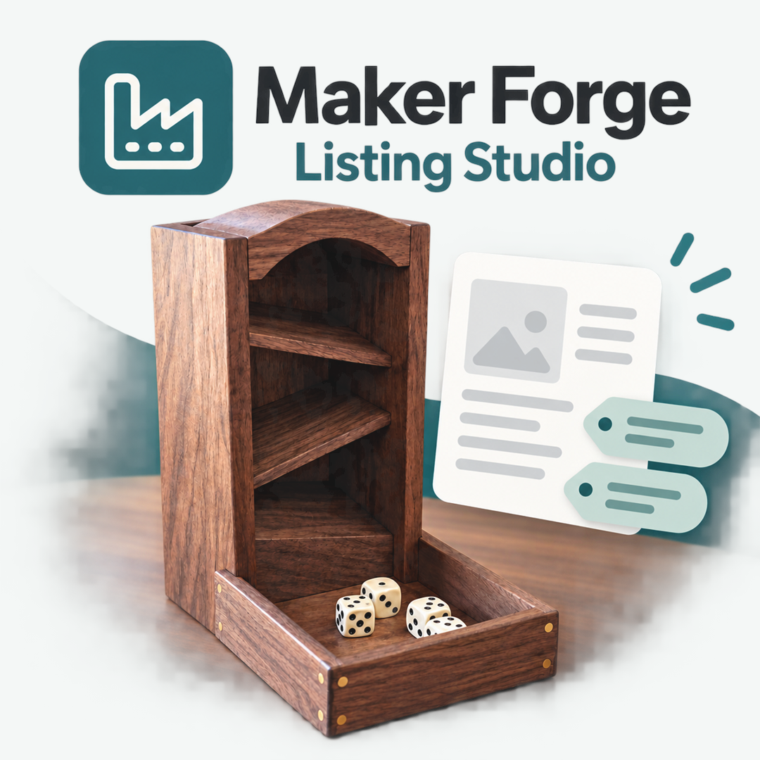 Maker Forge Listing Studio with a finished walnut product image and listing-copy symbols