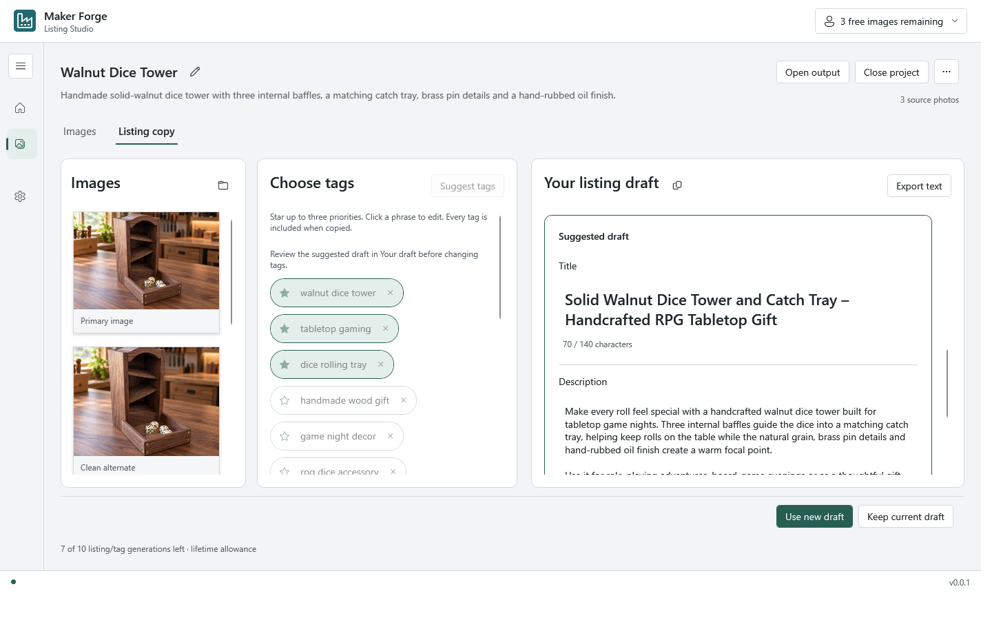 Maker Forge Listing Studio reviewing a suggested listing draft