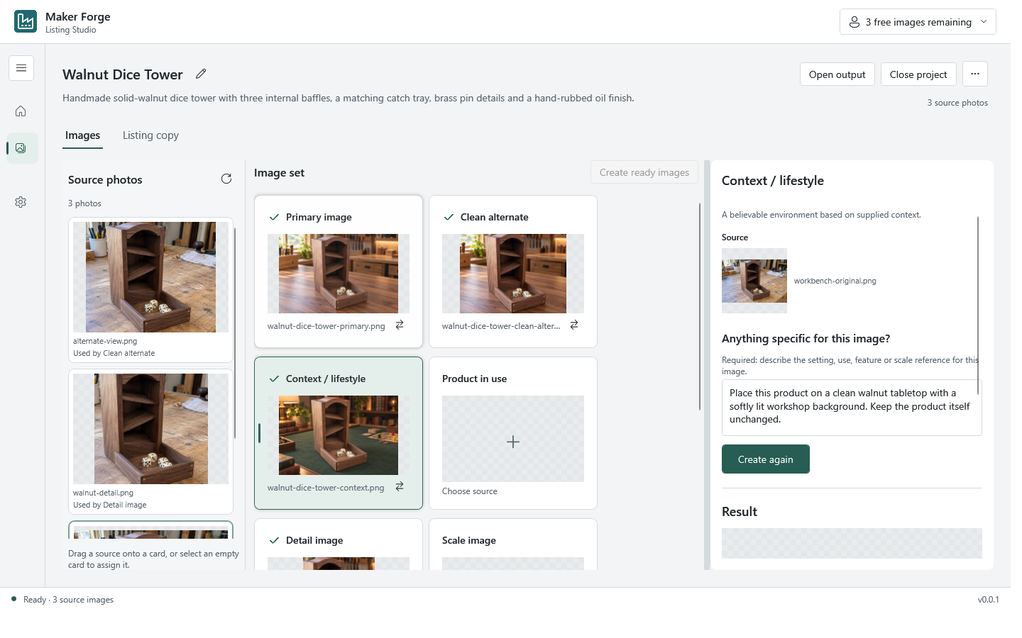Maker Forge Listing Studio image workspace with source photos and completed image cards