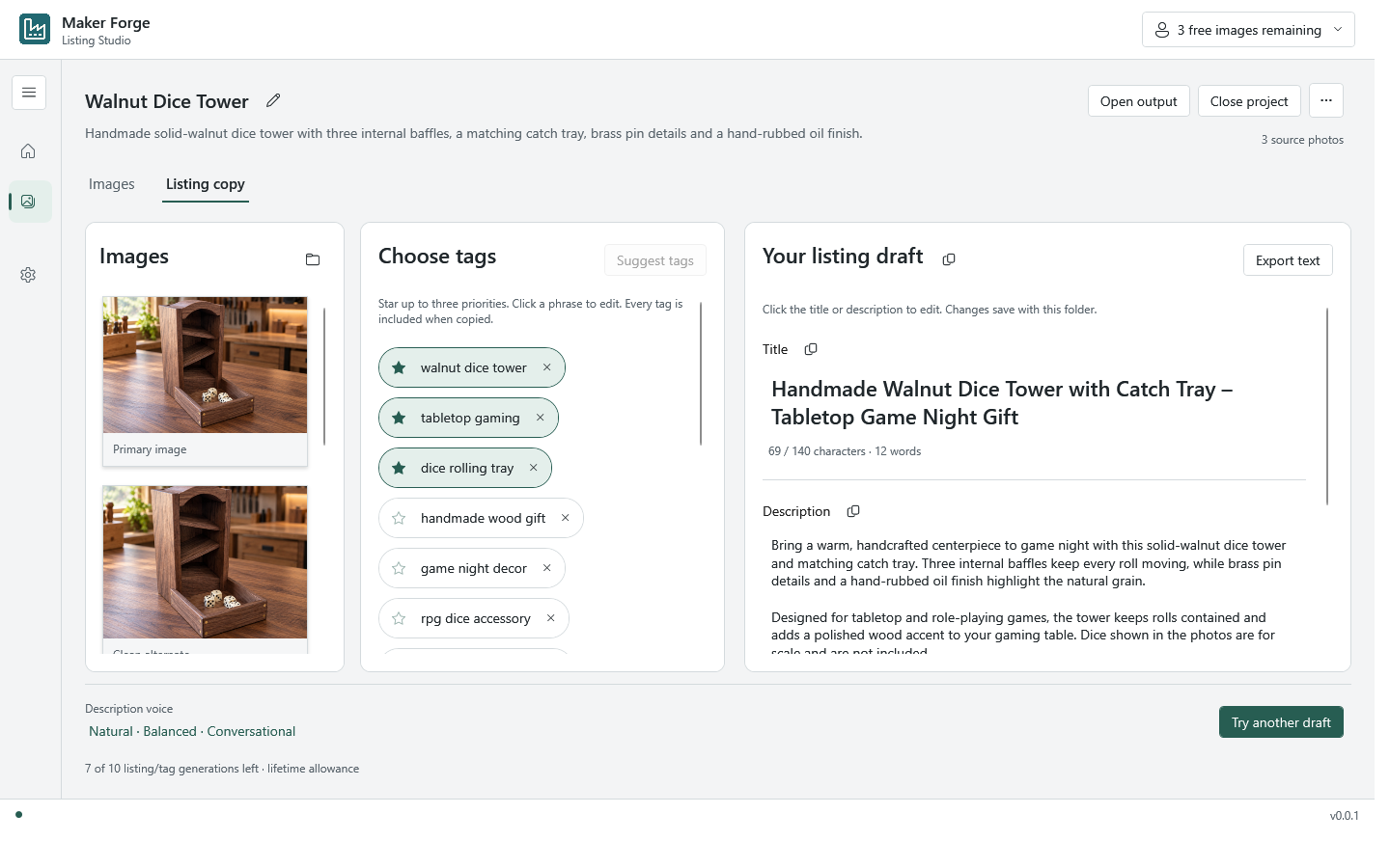 Maker Forge Listing Studio showing generated images, priority tags, and an editable listing draft